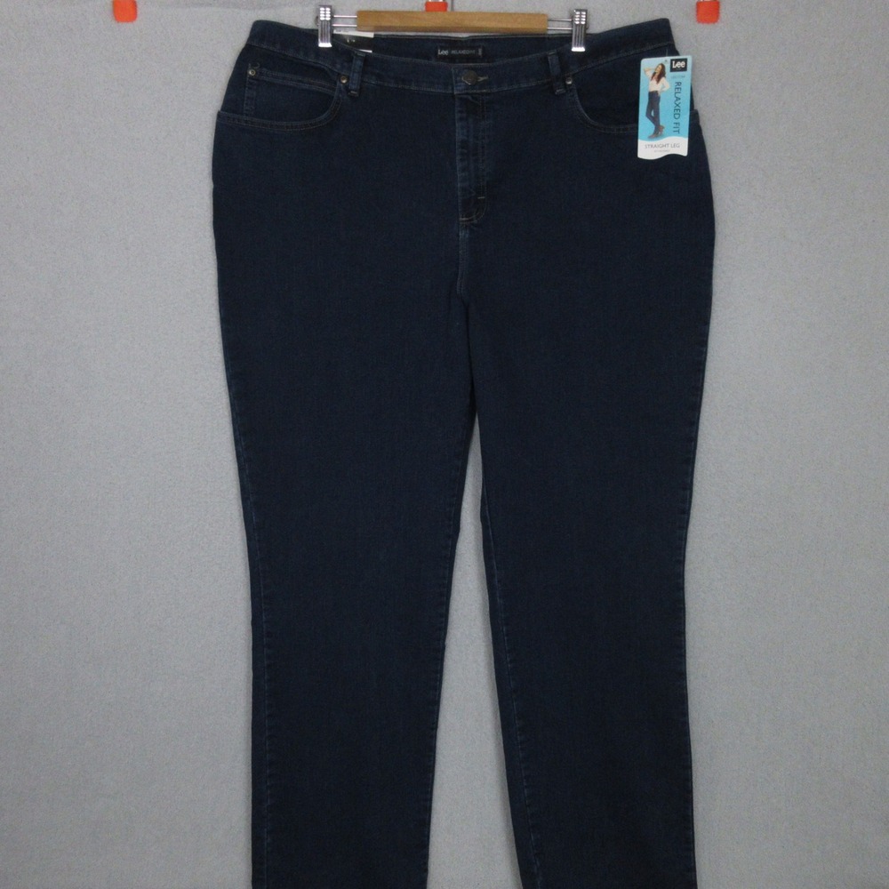 Lee Relaxed Fit Straight Leg Jeans Womens 22W Long Dark Wash Indigo Stretch